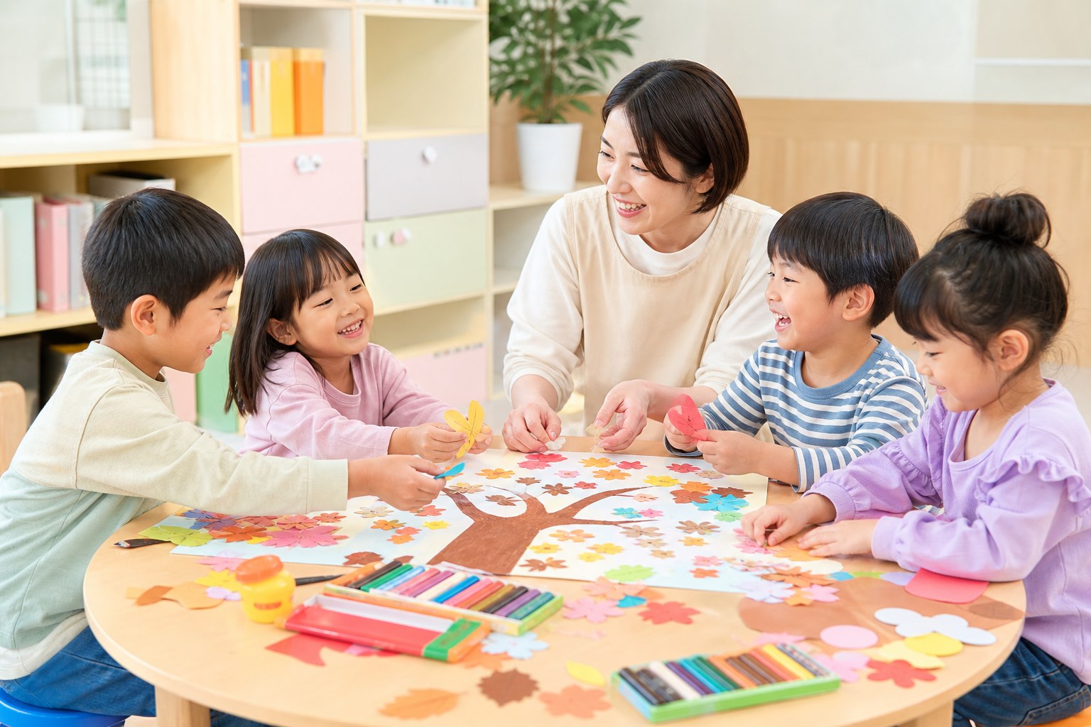 子どもたちと支援員が一緒に季節の制作を楽しむ場面