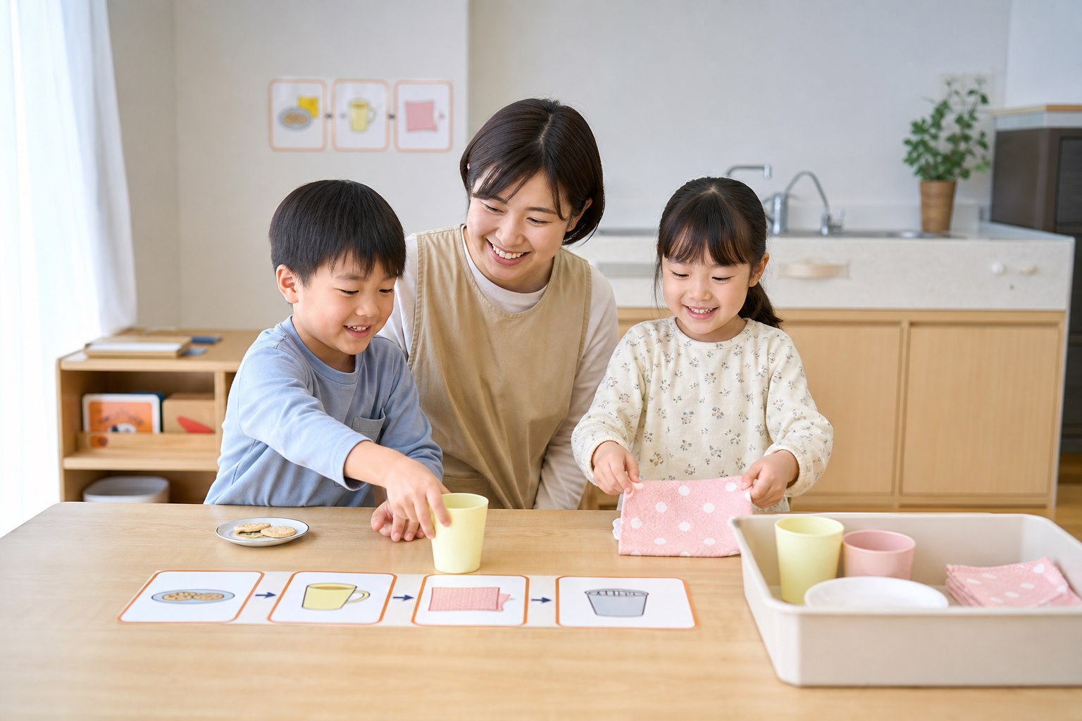 支援員と一緒におやつ準備と片付けの手順を練習する子どもたち