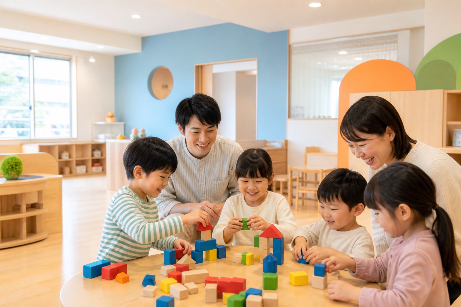 明るい室内で子どもたちと支援員が積み木遊びを楽しむ場面