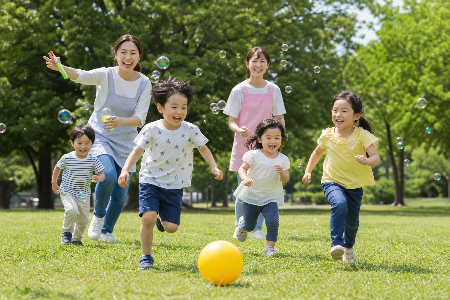 公園で支援員と元気に外あそびを楽しむ子どもたち