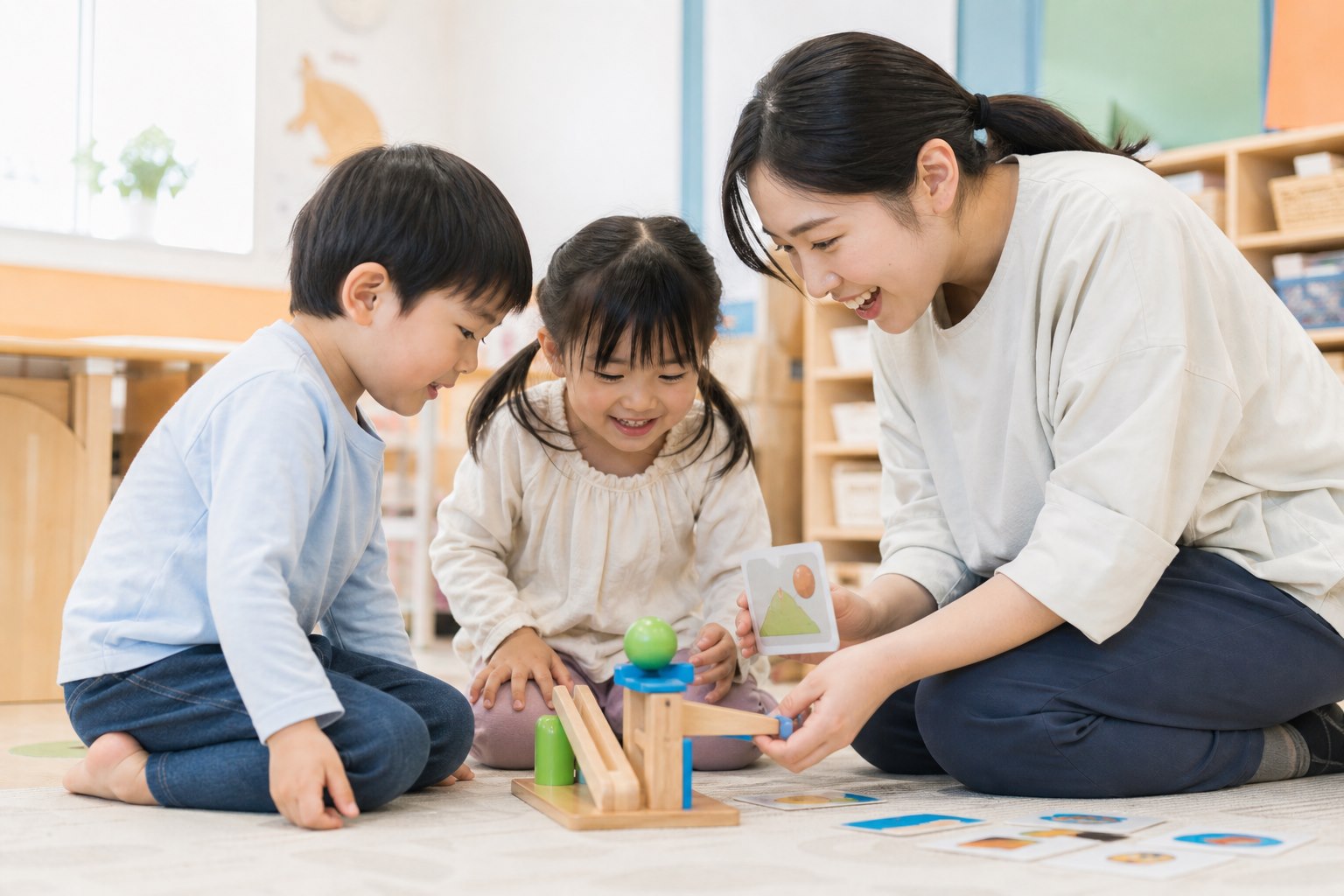 支援員と子どもたちが遊びの中で一緒に発見を楽しむ場面