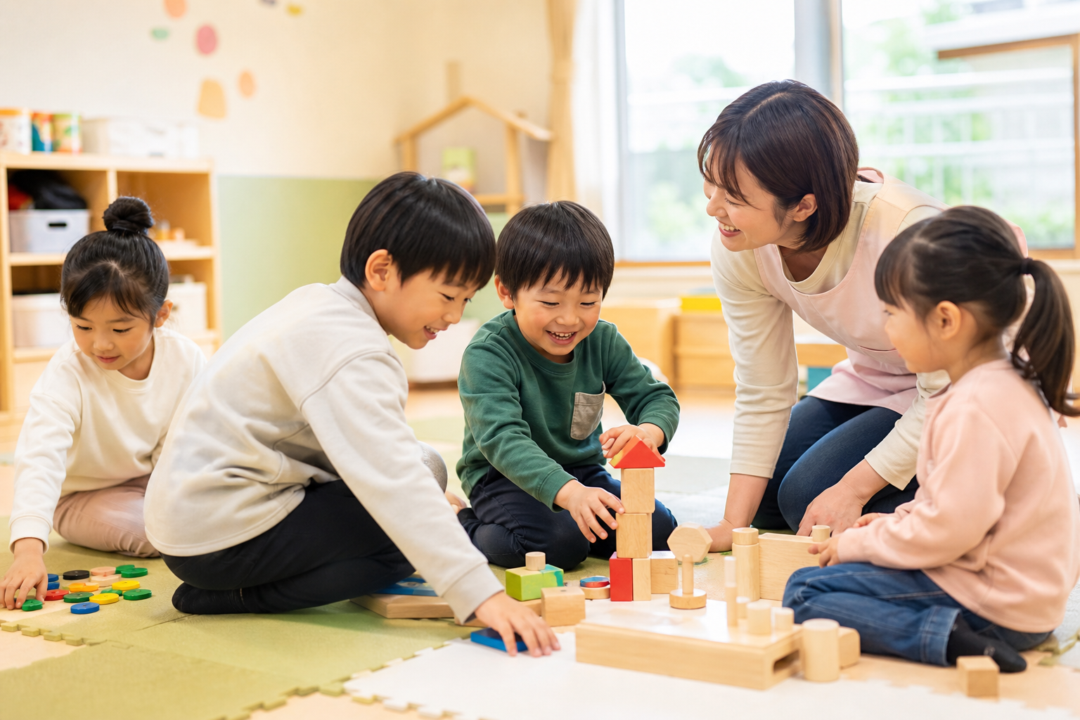 子どもたちが笑顔で遊び、職員が寄り添う支援のイメージ